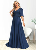Madge A-line V-Neck Floor-Length Chiffon Lace Mother of the Bride Dress With Sequins STIP0021888