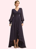 Anahi A-line V-Neck Asymmetrical Chiffon Mother of the Bride Dress With Beading Cascading Ruffles Sequins STIP0021893