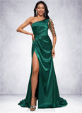 Veronica Trumpet/Mermaid One Shoulder Sweep Train Stretch Satin Prom Dresses With Beading STIP0022205
