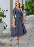 Sherlyn A-line V-Neck Tea-Length Chiffon Evening Dress With Pleated STIP0022234