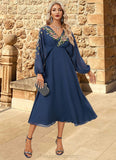 Diya A-line V-Neck Tea-Length Chiffon Lace Evening Dress STIP0022357