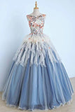 Princess Ball Gown Appliques Blue Tulle Prom Dresses, Sweet 16 Dress, Quinceanera Dress STI15289