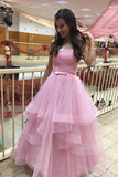 Unique Pink Tulle Long Prom Dresses, Strapless Belt Sweet 16 Dress STI15462