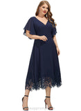 Susan A-line V-Neck Tea-Length Chiffon Lace Cocktail Dress With Sequins STIP0020887