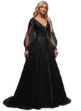 Bailee Ball-Gown/Princess V-Neck Sweep Train Lace Tulle Prom Dresses With Sequins STIP0020894