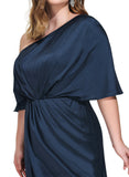 Catherine Sheath/Column One Shoulder Tea-Length Silky Satin Cocktail Dress STIP0020834