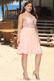Avery A-line Halter Knee-Length Chiffon Homecoming Dress With Beading STIP0020541