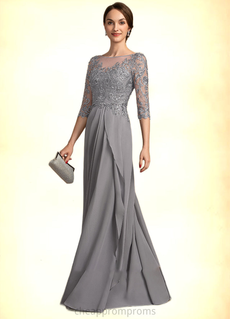 Lily A-Line Scoop Neck Floor-Length Chiffon Lace Mother of the Bride Dress With Beading Sequins Cascading Ruffles STI126P0014529