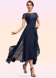 Luna A-Line Scoop Neck Asymmetrical Chiffon Lace Mother of the Bride Dress With Sequins Bow(s) Cascading Ruffles STI126P0014530