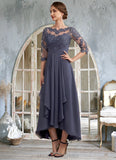 Hazel A-Line Scoop Neck Asymmetrical Chiffon Lace Mother of the Bride Dress With Ruffle STI126P0014531