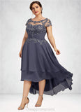 Lilith A-Line Scoop Neck Asymmetrical Chiffon Lace Mother of the Bride Dress With Beading STI126P0014534