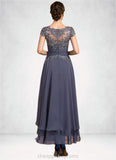 Lilith A-Line Scoop Neck Asymmetrical Chiffon Lace Mother of the Bride Dress With Beading STI126P0014534