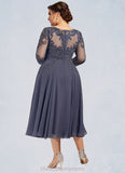 Faith A-Line Scoop Neck Tea-Length Chiffon Lace Mother of the Bride Dress With Beading Sequins STI126P0014535