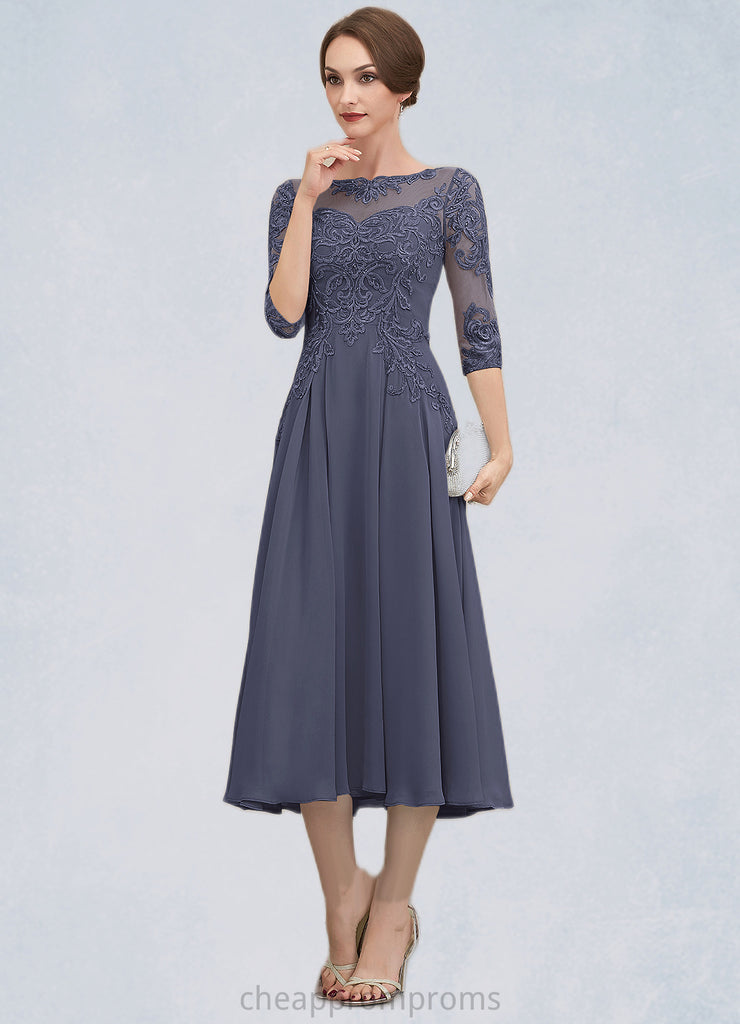 Faith A-Line Scoop Neck Tea-Length Chiffon Lace Mother of the Bride Dress With Beading Sequins STI126P0014535