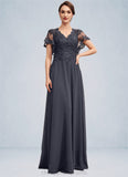 Delilah A-line V-Neck Floor-Length Chiffon Lace Mother of the Bride Dress With Sequins STI126P0014542