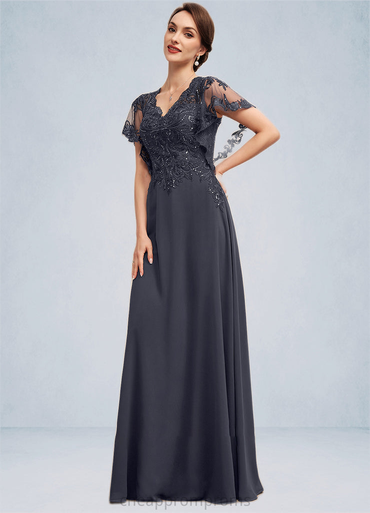 Delilah A-line V-Neck Floor-Length Chiffon Lace Mother of the Bride Dress With Sequins STI126P0014542