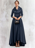 Sara A-Line V-neck Asymmetrical Satin Mother of the Bride Dress With Bow(s) Pockets STI126P0014553
