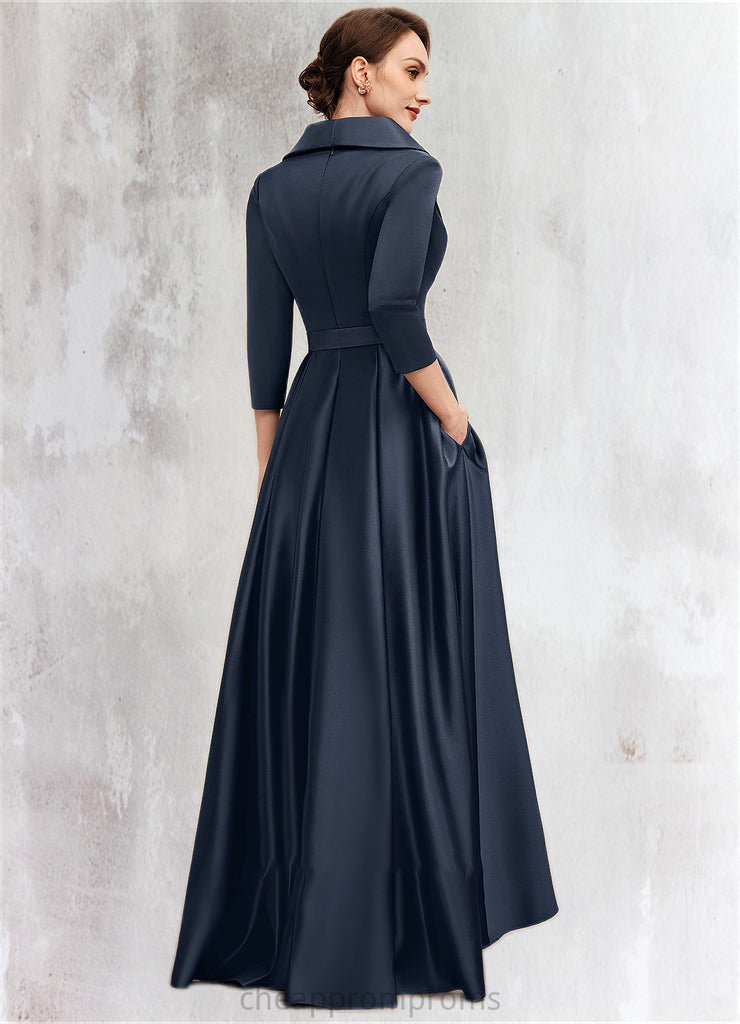 Sara A-Line V-neck Asymmetrical Satin Mother of the Bride Dress With Bow(s) Pockets STI126P0014553