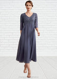 Veronica A-line V-Neck Tea-Length Chiffon Lace Mother of the Bride Dress With Beading STI126P0014554
