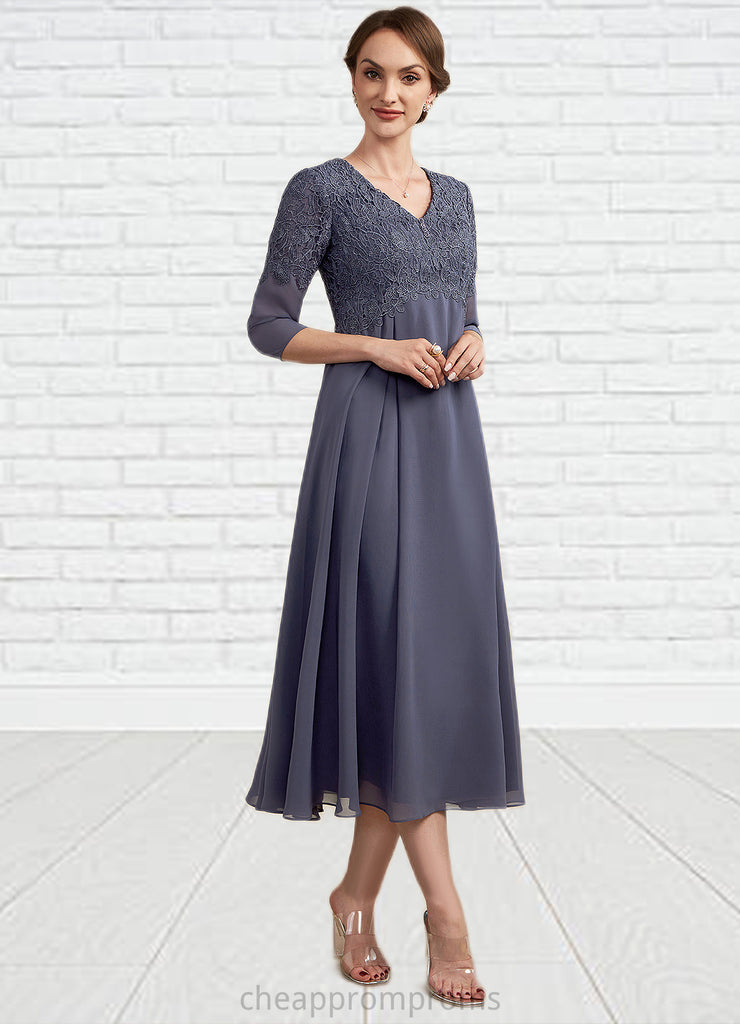 Veronica A-line V-Neck Tea-Length Chiffon Lace Mother of the Bride Dress With Beading STI126P0014554