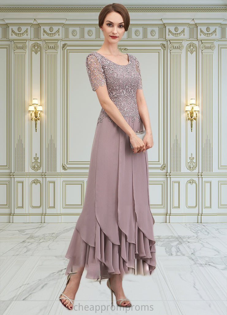 Olive A-Line Scoop Neck Ankle-Length Chiffon Lace Mother of the Bride Dress With Cascading Ruffles STI126P0014555