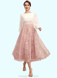 Sanaa A-Line Scoop Neck Tea-Length Chiffon Lace Mother of the Bride Dress With Beading STI126P0014557