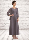 Francesca A-line V-Neck Ankle-Length Chiffon Mother of the Bride Dress With Beading Appliques Lace Sequins STI126P0014558