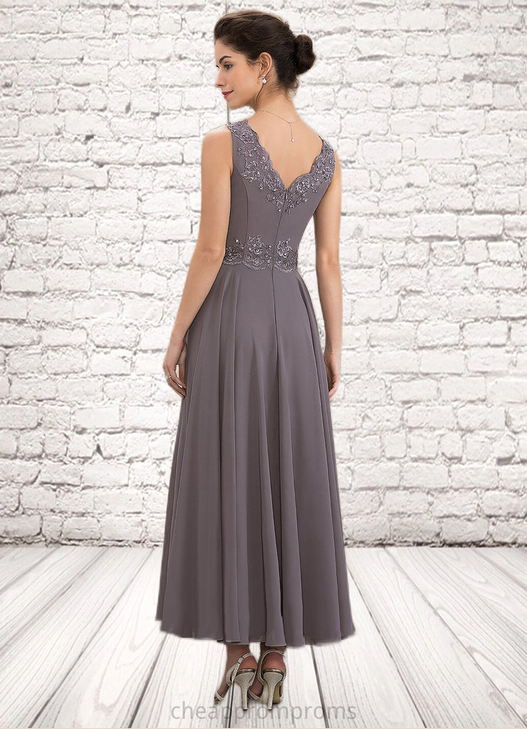Francesca A-line V-Neck Ankle-Length Chiffon Mother of the Bride Dress With Beading Appliques Lace Sequins STI126P0014558