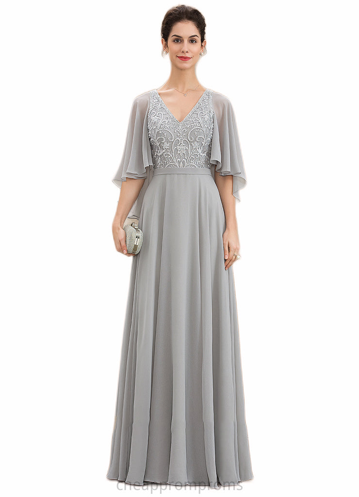 Skylar A-line V-Neck Floor-Length Chiffon Lace Mother of the Bride Dress With Beading Sequins STI126P0014563