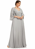 Skylar A-line V-Neck Floor-Length Chiffon Lace Mother of the Bride Dress With Beading Sequins STI126P0014563