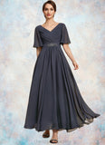 Madeline A-Line V-neck Ankle-Length Chiffon Mother of the Bride Dress With Ruffle Beading Sequins STI126P0014564