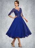Violet A-Line Scoop Neck Tea-Length Chiffon Lace Mother of the Bride Dress With Sequins STI126P0014565