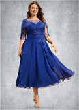 Violet A-Line Scoop Neck Tea-Length Chiffon Lace Mother of the Bride Dress With Sequins STI126P0014565