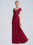 Elizabeth A-Line V-neck Floor-Length Chiffon Lace Mother of the Bride Dress With Ruffle Beading STI126P0014569