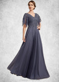 Nyla A-line V-Neck Floor-Length Chiffon Lace Mother of the Bride Dress With Beading Sequins STI126P0014571