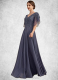 Nyla A-line V-Neck Floor-Length Chiffon Lace Mother of the Bride Dress With Beading Sequins STI126P0014571