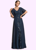 Amelia Sheath/Column V-neck Floor-Length Chiffon Lace Mother of the Bride Dress With Ruffle Sequins STI126P0014573