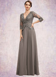 Essence A-Line V-neck Floor-Length Chiffon Lace Mother of the Bride Dress With Sequins STI126P0014574