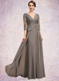 Essence A-Line V-neck Floor-Length Chiffon Lace Mother of the Bride Dress With Sequins STI126P0014574