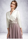 Tatum A-Line V-neck Tea-Length Chiffon Lace Mother of the Bride Dress STI126P0014575