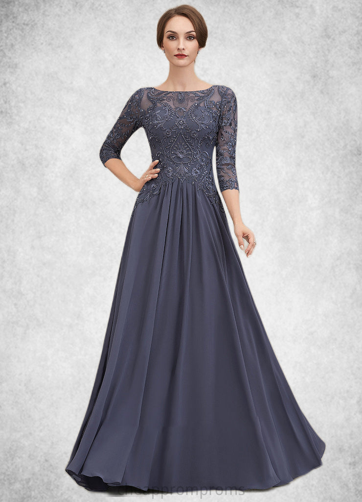 Casey A-Line Scoop Neck Floor-Length Chiffon Lace Mother of the Bride Dress With Beading Sequins STI126P0014578