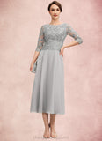 Kitty A-Line Scoop Neck Tea-Length Chiffon Lace Mother of the Bride Dress With Sequins STI126P0014580