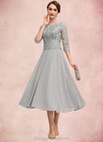 Kitty A-Line Scoop Neck Tea-Length Chiffon Lace Mother of the Bride Dress With Sequins STI126P0014580
