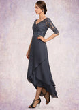 Kaitlin A-line V-Neck Asymmetrical Chiffon Lace Mother of the Bride Dress With Beading Sequins STI126P0014584