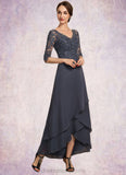 Kaitlin A-line V-Neck Asymmetrical Chiffon Lace Mother of the Bride Dress With Beading Sequins STI126P0014584