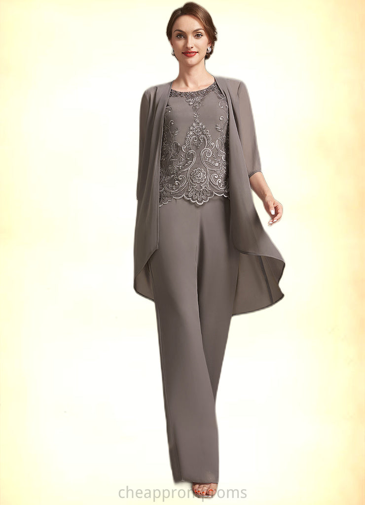 Lucia Jumpsuit/Pantsuit Scoop Neck Floor-Length Chiffon Lace Mother of the Bride Dress With Beading Sequins STI126P0014585