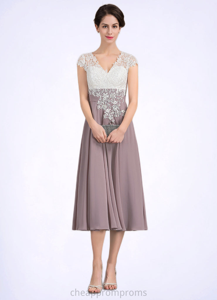 Kristen A-Line V-neck Tea-Length Chiffon Lace Mother of the Bride Dress STI126P0014588