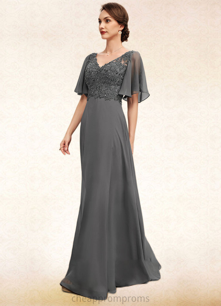 Peyton A-line V-Neck Floor-Length Chiffon Lace Mother of the Bride Dress With Beading Sequins STI126P0014589