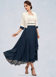 Eva A-Line Square Neckline Tea-Length Chiffon Mother of the Bride Dress With Beading Sequins Pleated STI126P0014594