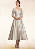 Cassidy A-Line V-neck Tea-Length Satin Mother of the Bride Dress With Ruffle STI126P0014598